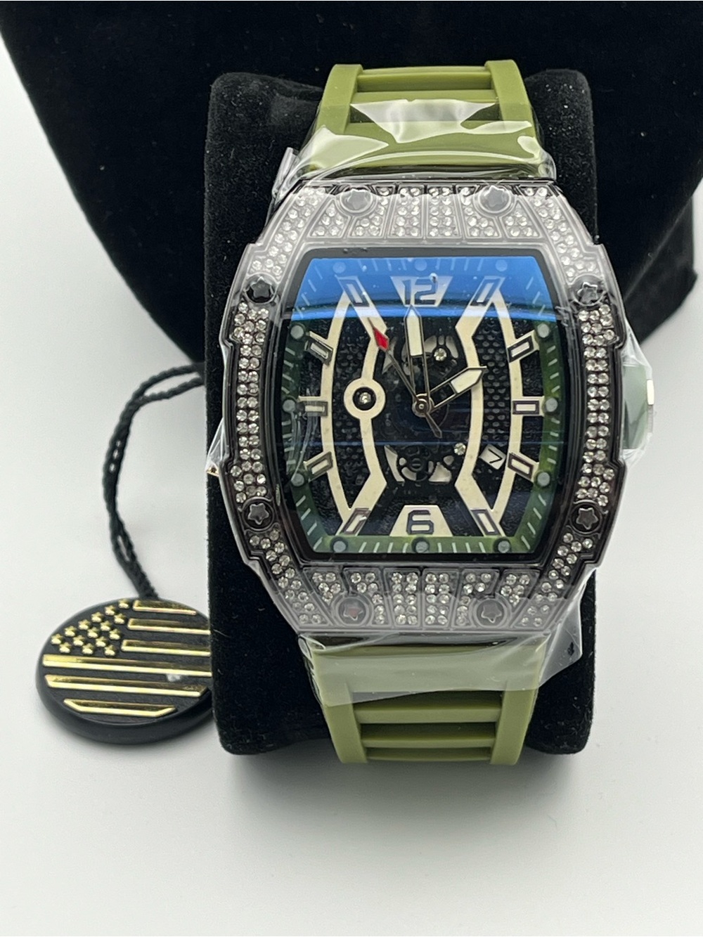 Men's Green Silicone Strap Watch with Crystal-Accented Case